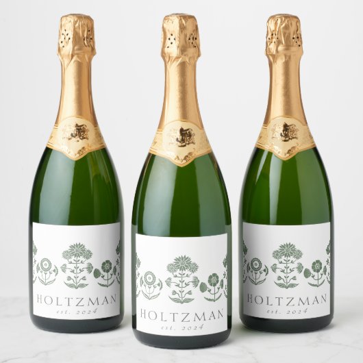 Groen & Wit Botanisch Blokdruk Huwelijk Sparkling Wijnetiket (Flessen)