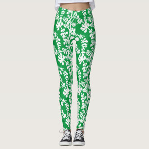 Groen-wit botanisch herhalingspatroon leggings