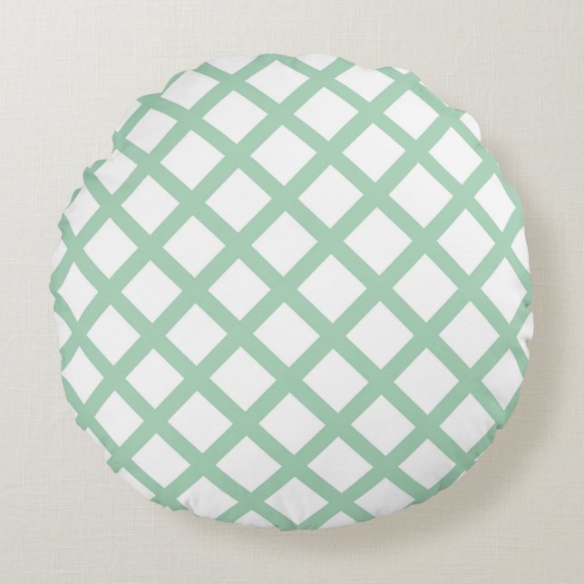 Groen Wit Checker Diamond Stripes Patroon Rond Kussen (Voorkant)