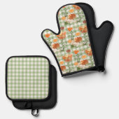 Groen Wit Checker Patroon Oranje pompoenen Ovenwant & Pannenlap Set (Voorkant / Achterkant)