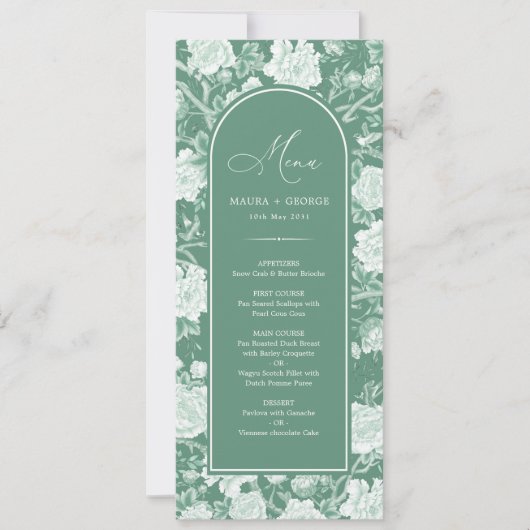 Groen Wit Chinoiserie Bloemporselein Menu Kaart (Voorkant)