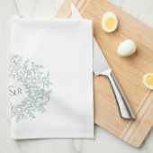 Groen wit cirkelblad monogram tekenpaar theedoek (Quarter Fold)