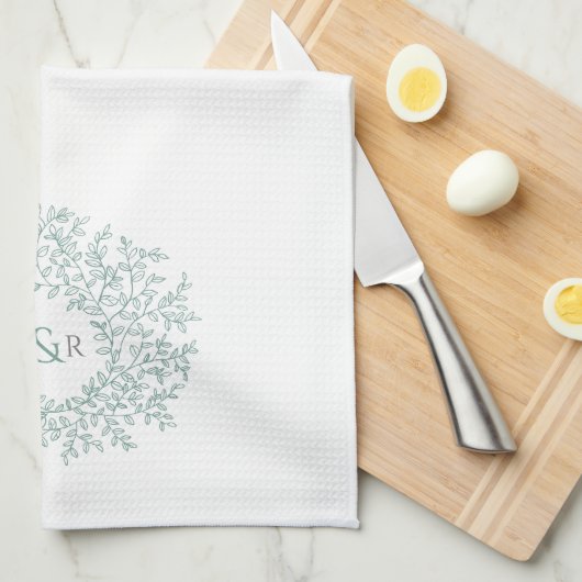 Groen wit cirkelblad monogram tekenpaar theedoek (Quarter Fold)