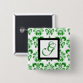 GROEN WIT DAMAST ZWART VIERKANT MONOGRAM VIERKANTE BUTTON 5,1 CM (Voorkant /achterkant)