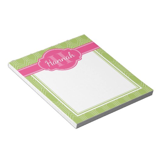 Groen wit diamantpatroon roze monogram notitieblok (Schuin)