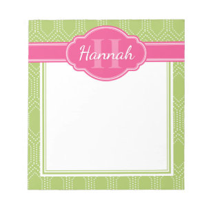 Groen wit diamantpatroon roze monogram notitieblok