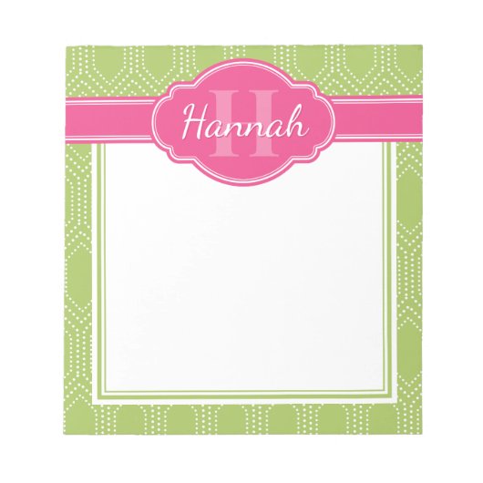 Groen wit diamantpatroon roze monogram notitieblok (Voorkant)