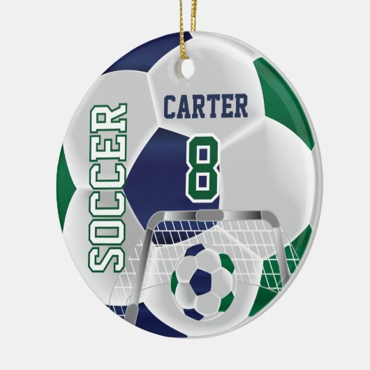Groen, wit en donkerblauw personaliseren Voetbal ⚽ Keramisch Ornament (Links)