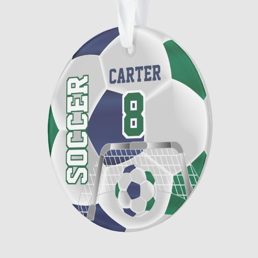 Groen, wit en donkerblauw personaliseren Voetbal ⚽ Ornament (voorkant)