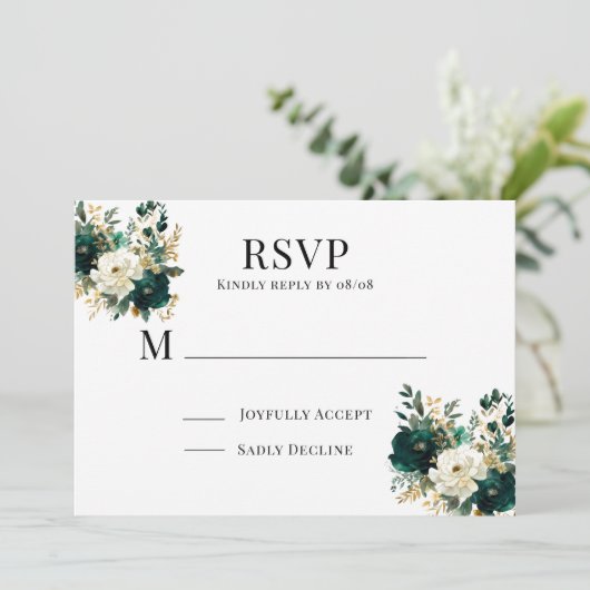 Groen Wit en Goud Bloemen Bruiloft RSVP Kaarten (Staand voorkant)