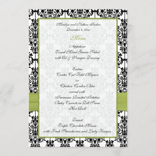 Groen, Wit, en Zwart Damask Bruiloft Menu Kaart (Achterkant)