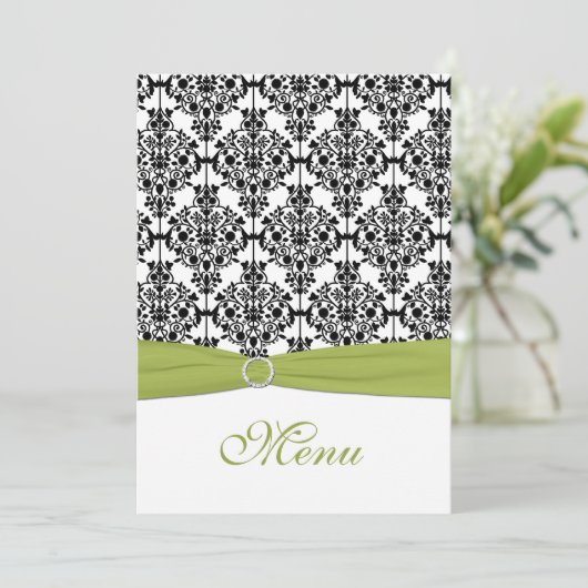 Groen, Wit, en Zwart Damask Bruiloft Menu Kaart (Staand voorkant)