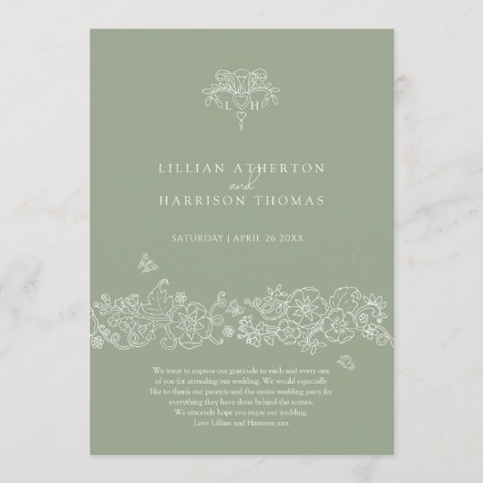 Groen wit fleur de lis bruiloft programma bedankt programmakaart (Voorkant)