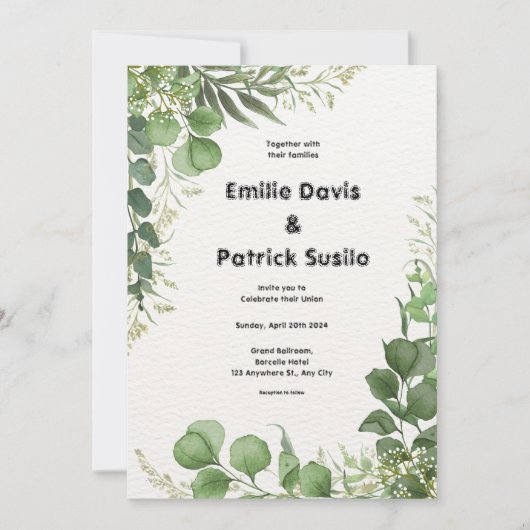Groen Wit Geïllustreerde Bloemen Huwelijksuitnodig Kaart (Voorkant)