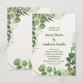 Groen Wit Geïllustreerde Bloemen Huwelijksuitnodig Kaart (Voorkant / Achterkant)