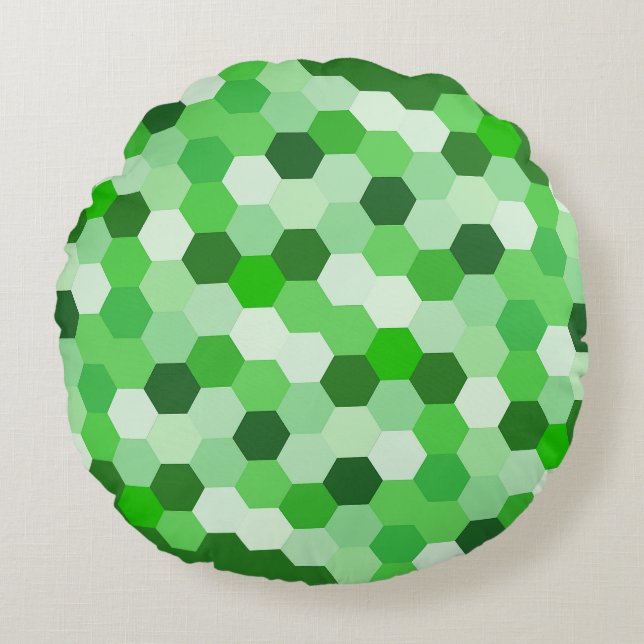 Groen Wit Geometrisch Hexagon Rond Kussen (Voorkant)