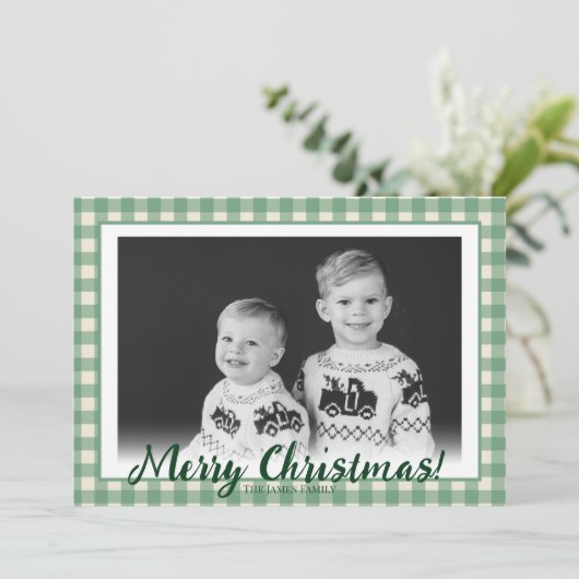 Groen & Wit geruit aangepaste foto Kerstmis Feestdagenkaart (Staand voorkant)