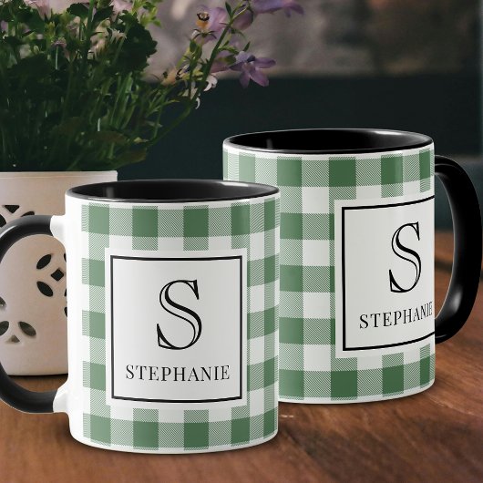 Groen & Wit Geruit Zwart Typografie Monogram Naam Mok