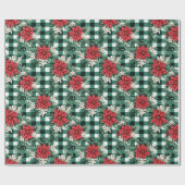 Groen Wit Gingham Poinsettia Xmas Bloemen Patroon Cadeaupapier (Vlak)