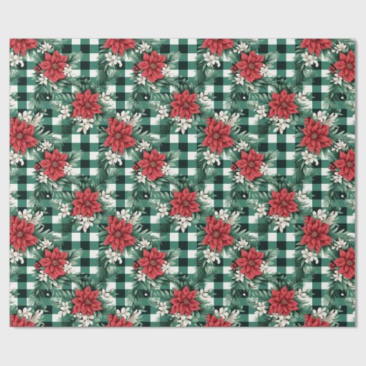 Groen Wit Gingham Poinsettia Xmas Bloemen Patroon Cadeaupapier (Vlak)