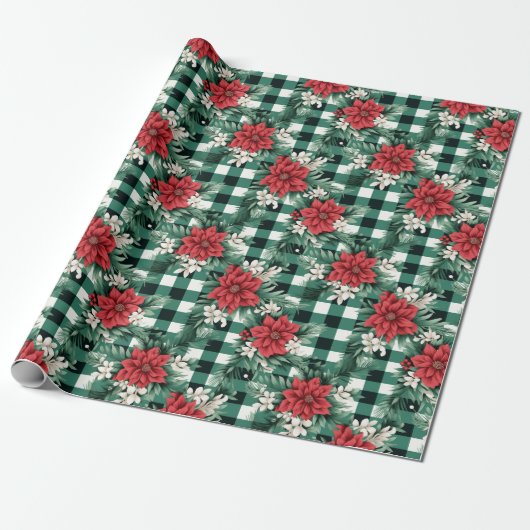 Groen Wit Gingham Poinsettia Xmas Bloemen Patroon Cadeaupapier (Uitgerold)