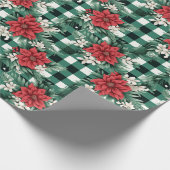 Groen Wit Gingham Poinsettia Xmas Bloemen Patroon Cadeaupapier (Hoek)