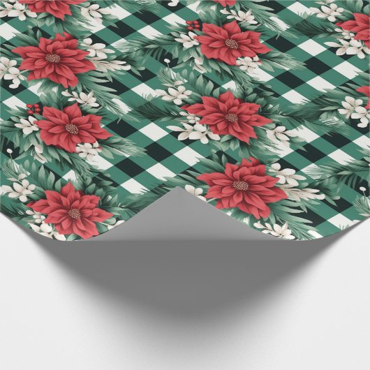 Groen Wit Gingham Poinsettia Xmas Bloemen Patroon Cadeaupapier (Hoek)