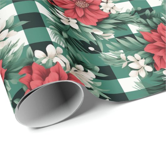 Groen Wit Gingham Poinsettia Xmas Bloemen Patroon Cadeaupapier (Rol Hoek)