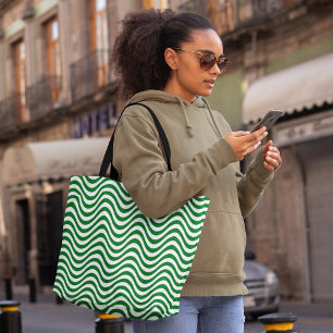 Groen & Wit Golvende Strepen Psychedelic Hypnotic Tote Bag