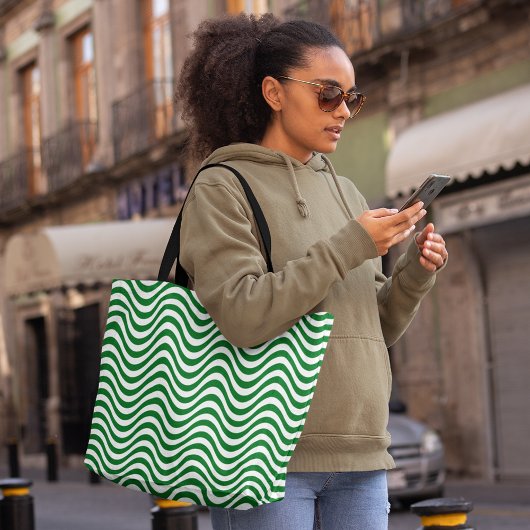 Groen & Wit Golvende Strepen Psychedelic Hypnotic Tote Bag
