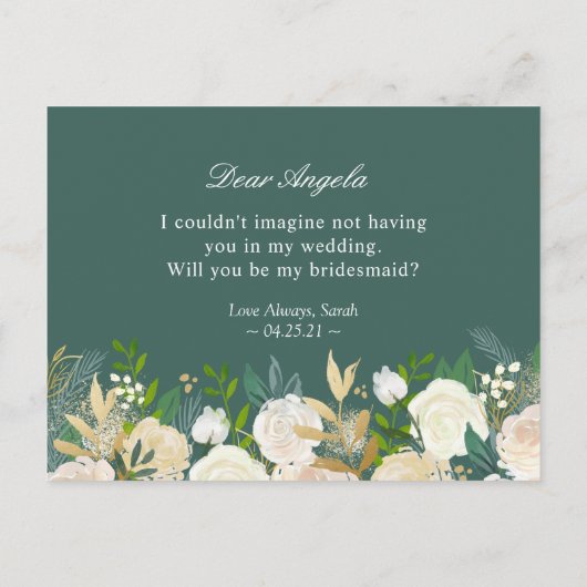 Groen Wit Goud Bloemen Mijn bruidsmeisje voorstel Uitnodiging Briefkaart (Achterkant)