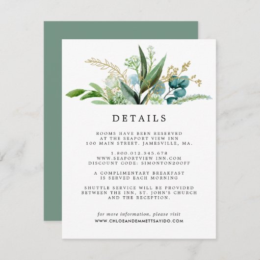 Groen Wit Goud Botanische bruiloft Gastgegevens Informatiekaartje (Voorkant / Achterkant)