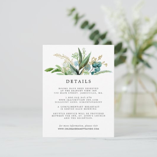 Groen Wit Goud Botanische bruiloft Gastgegevens Informatiekaartje (Staand voorkant)