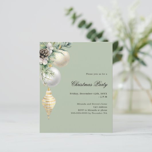 Groen wit goud decor Kerstfeest uitnodiging (Staand voorkant)