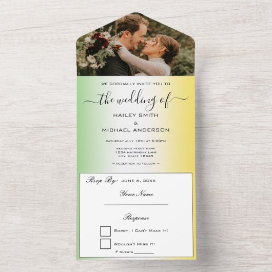 Groen Wit & Goud Jamaica Moderne foto bruiloft All In One Uitnodiging (Binnen)