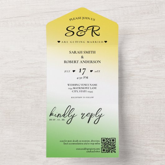 Groen Wit & Goud Jamaica Ombre QR Code Trouwen All In One Uitnodiging (Binnen)