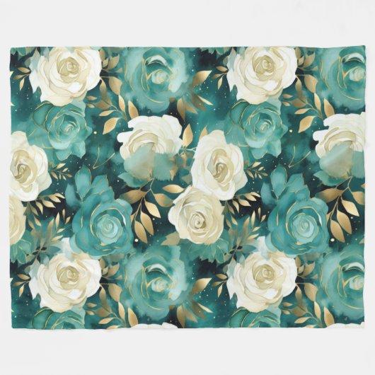 Groen Wit Goud Roos Bloemen Fleece Deken (Voorkant (Horizontaal))