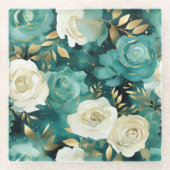 Groen Wit Goud Roos Bloemen Glazen Onderzetter (Voorkant)