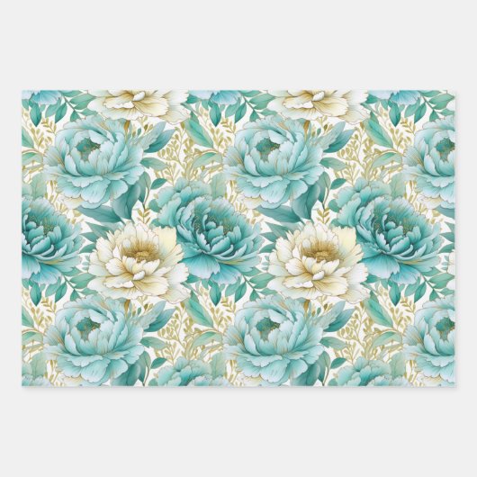 Groen Wit Goud Roos Bloemen Inpakpapier Vel (Voorkant 3)