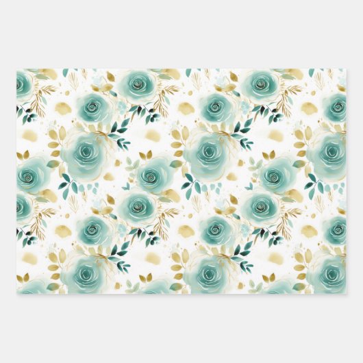 Groen Wit Goud Roos Bloemen Inpakpapier Vel (Voorkant 2)