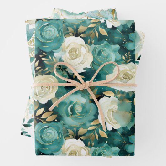 Groen Wit Goud Roos Bloemen Inpakpapier Vel (In situ)