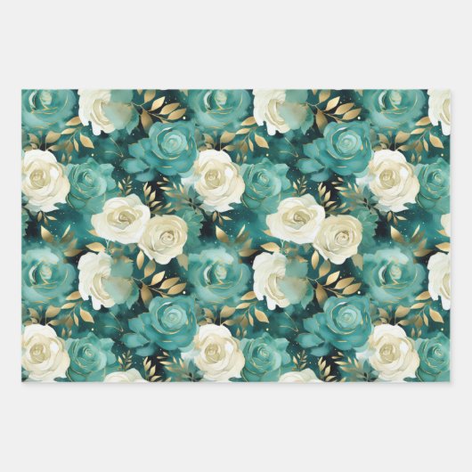 Groen Wit Goud Roos Bloemen Inpakpapier Vel (Voorkant)