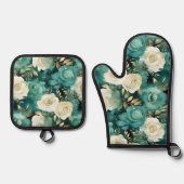 Groen Wit Goud Roos Bloemen Ovenwant & Pannenlap Set (Voorkant)