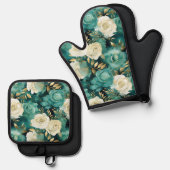 Groen Wit Goud Roos Bloemen Ovenwant & Pannenlap Set (Voorkant / Achterkant)