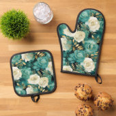 Groen Wit Goud Roos Bloemen Ovenwant & Pannenlap Set (Top down)