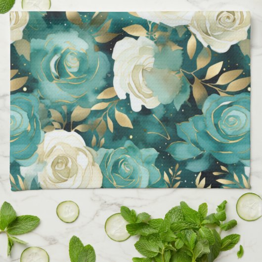 Groen Wit Goud Roos Bloemen Theedoek (Gevouwen)