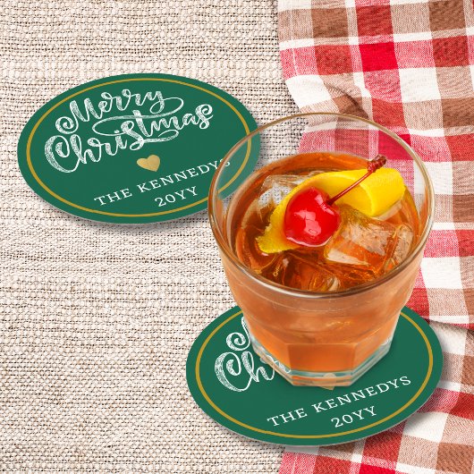 Groen Wit Goud Vrolijk Kerstfeest Ronde Kartonnen Onderzetter