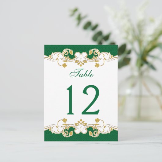 Groen, Wit, Gouden Scrolls Tafelnummer Kaart (Staand voorkant)