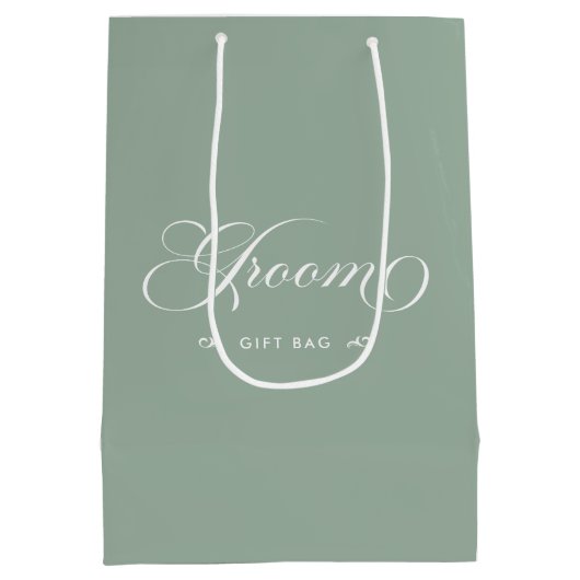 Groen Wit Groom Elegant Script Kalligrafie Medium Cadeauzakje (Achterkant)