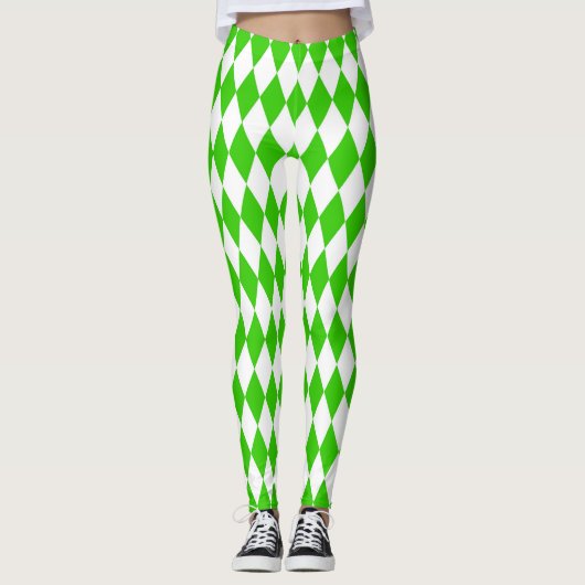 Groen Wit Harlequin Diamonds Checkers Design Leggings (Voorkant)